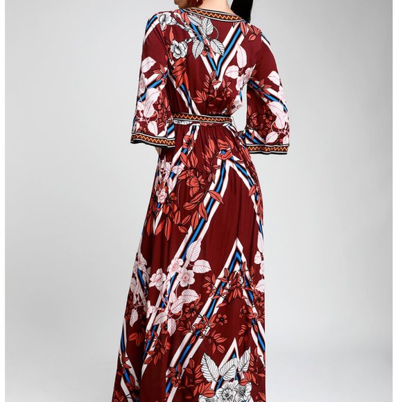 Lulu's Red Maxi Gown with Dolman Sleeves and V-Neck - Picture 6 of 7